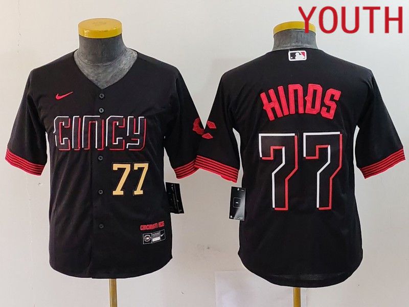 Youth Cincinnati Reds #77 Hinds Black City Edition Nike 2024 MLB Jersey style 2